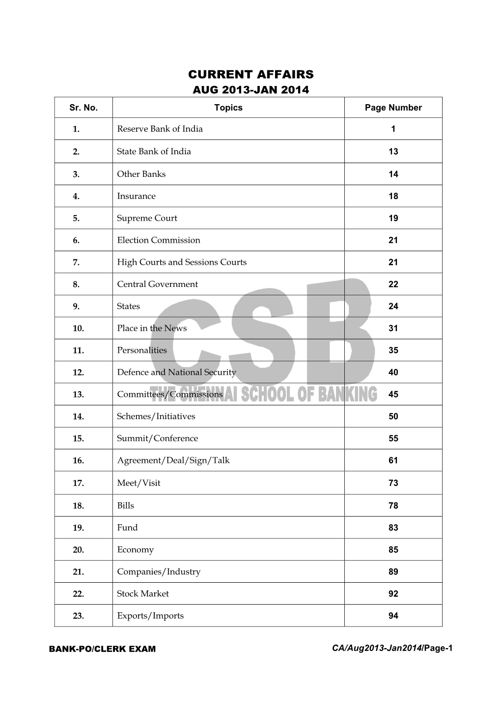 CURRENT AFFAIRS AUG 2013-JAN 2014 Sr