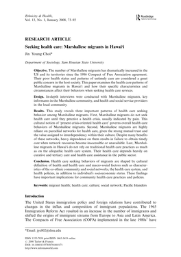 RESEARCH ARTICLE Seeking Health Care: Marshallese Migrants in Hawai'i