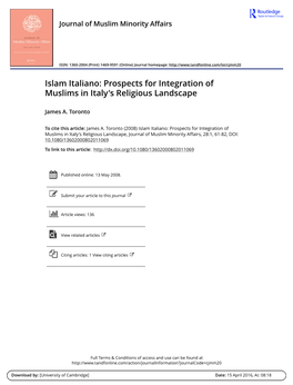 Islam Italiano: Prospects for Integration of Muslims in Italy's Religious Landscape