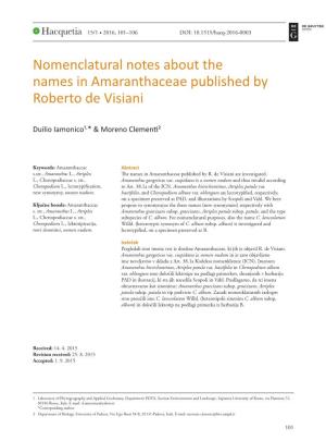 Nomenclatural Notes About the Names in Amaranthaceae Published by Roberto De Visiani
