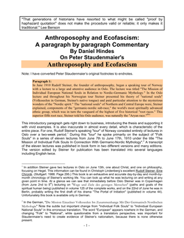 Anthroposophy and Ecofascism: a Paragraph by Paragraph Commentary by Daniel Hindes on Peter Staudenmaier's Anthroposophy and Ecofascism