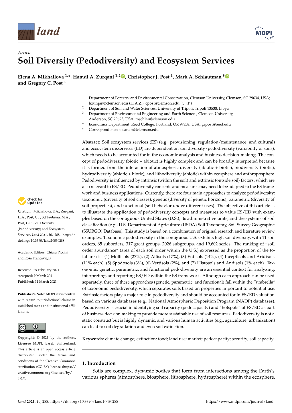 Soil Diversity (Pedodiversity) and Ecosystem Services