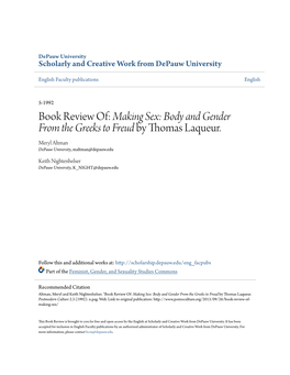 Book Review Of: &lt;Em&gt;Making Sex: Body and Gender from the Greeks