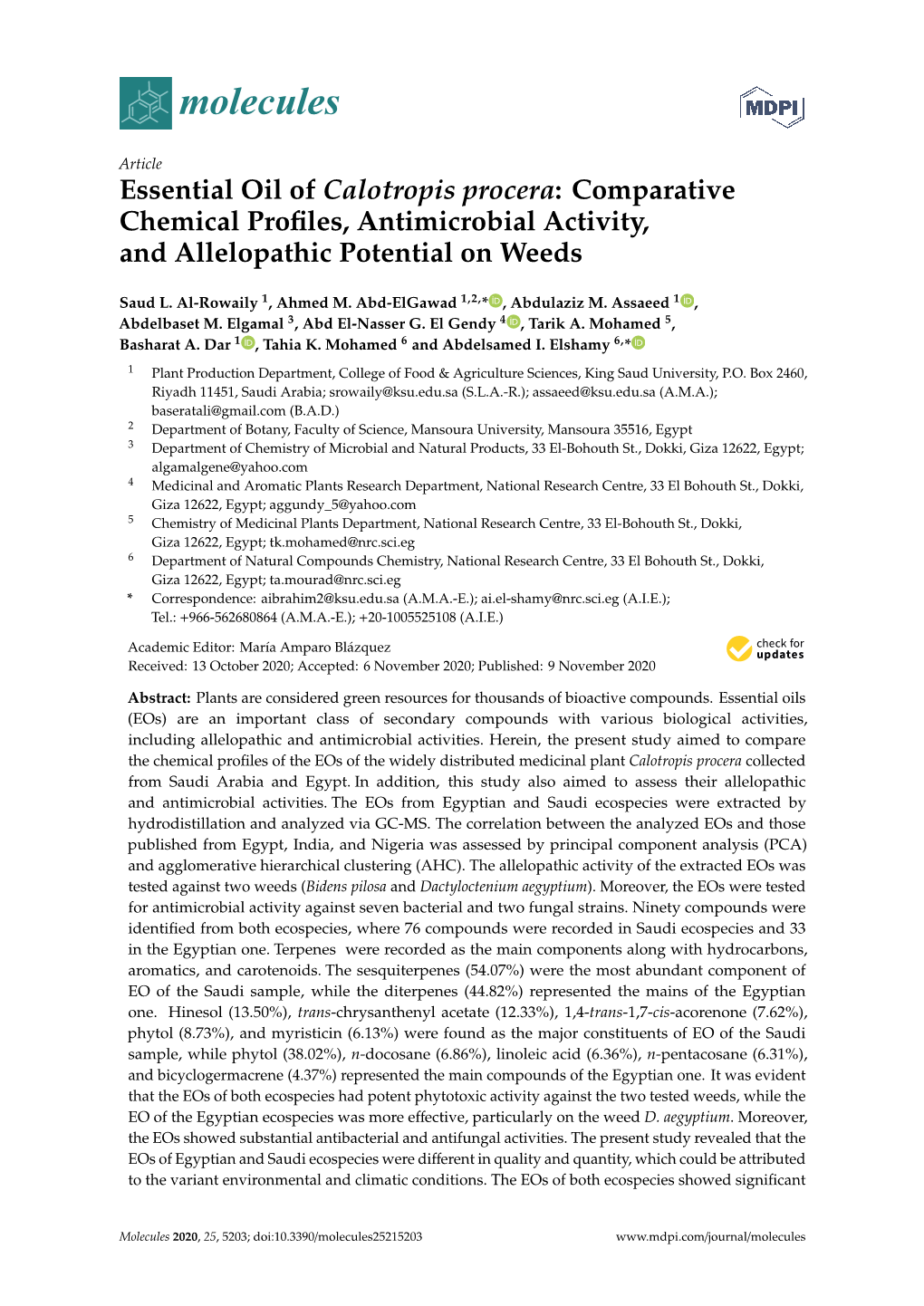 Essential Oil of Calotropis Procera: Comparative Chemical Proﬁles, Antimicrobial Activity, and Allelopathic Potential on Weeds