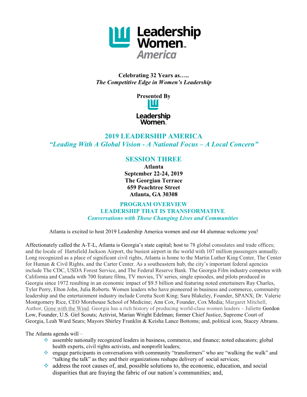 2019 LEADERSHIP AMERICA “Leading with a Global Vision - a National Focus – a Local Concern”