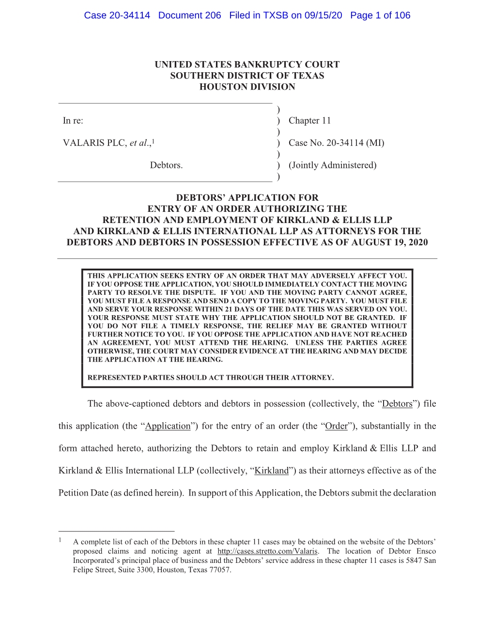 Case 20-34114 Document 206 Filed in TXSB on 09/15/20 Page 1 of 106