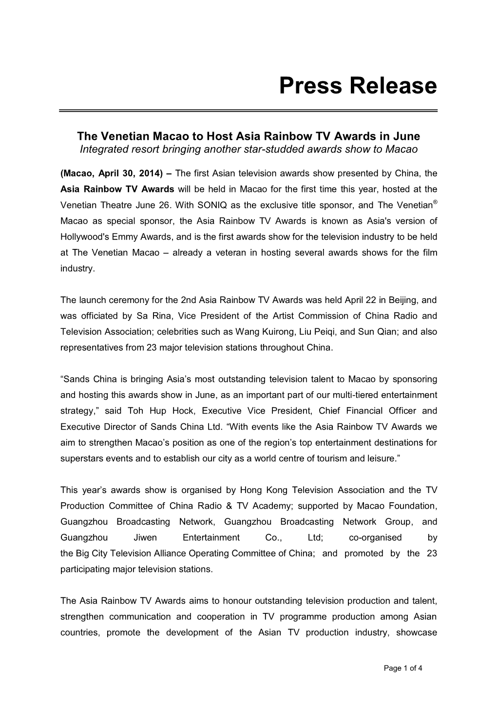 The Venetian Macao to Host Asia Rainbow TV Awards in June Integrated Resort Bringing Another Star-Studded Awards Show to Macao