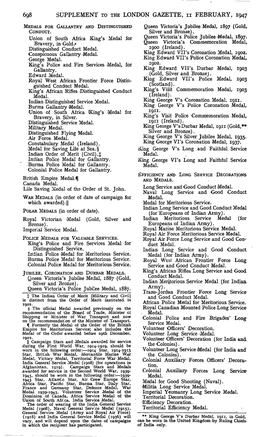 6G8 SUPPLEMENT to the LONDON GAZETTE, N FEBRUARY, 1947 MEDALS for GALLANTRY and DISTINGUISHED Queen Victoria's Jubilee Medal, 1897 (Gold, CONDUCT