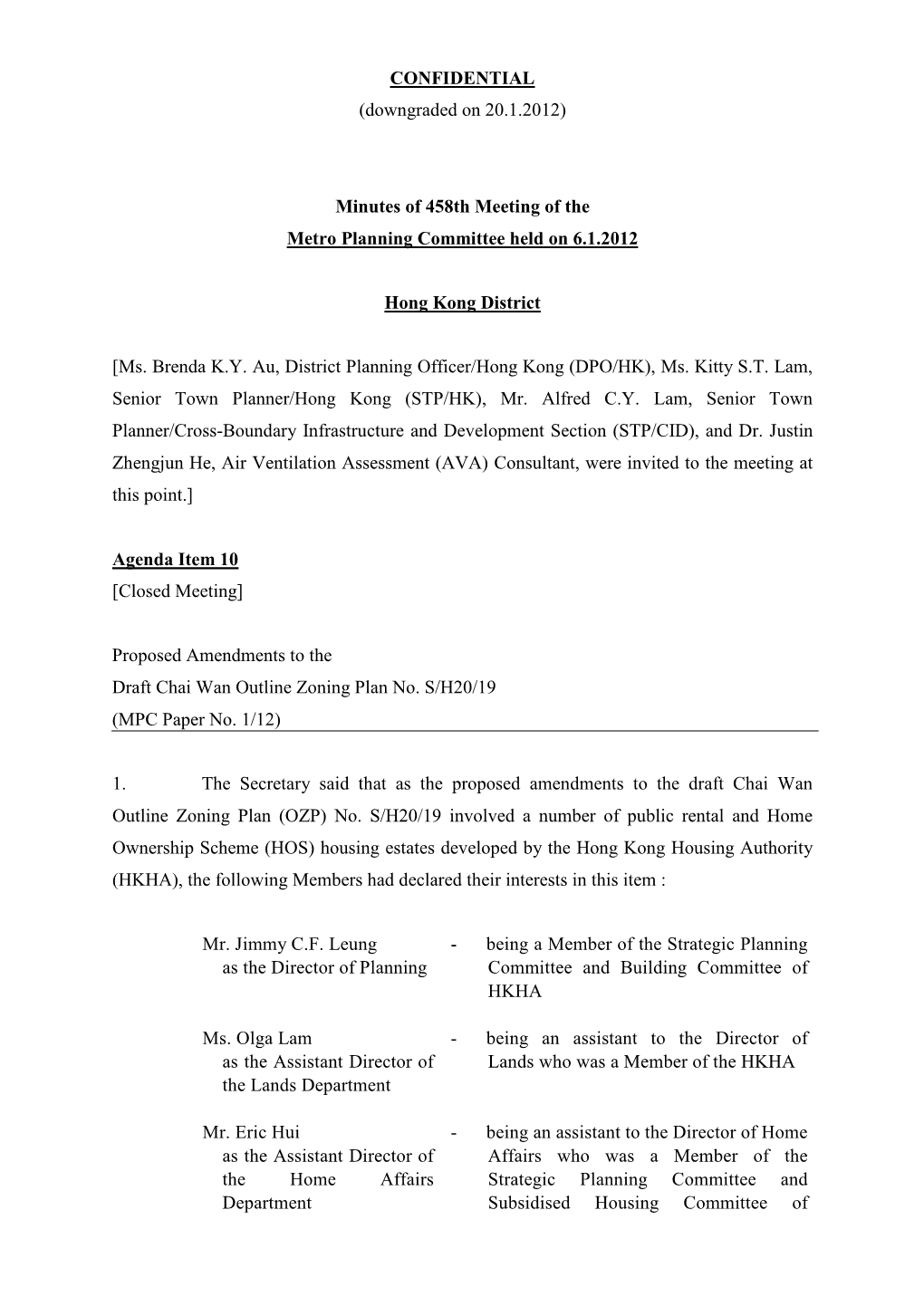 Minutes of 458Th Meeting of the Metro Planning Committee Held on 6.1.2012