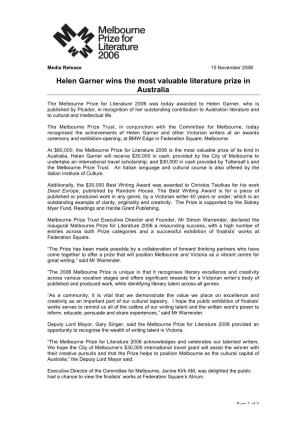 Helen Garner Wins the Most Valuable Literature Prize in Australia