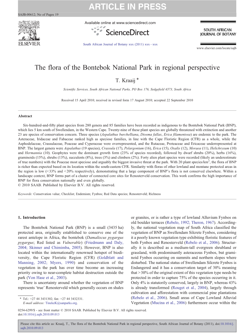 The Flora of the Bontebok National Park in Regional Perspective ⁎ T