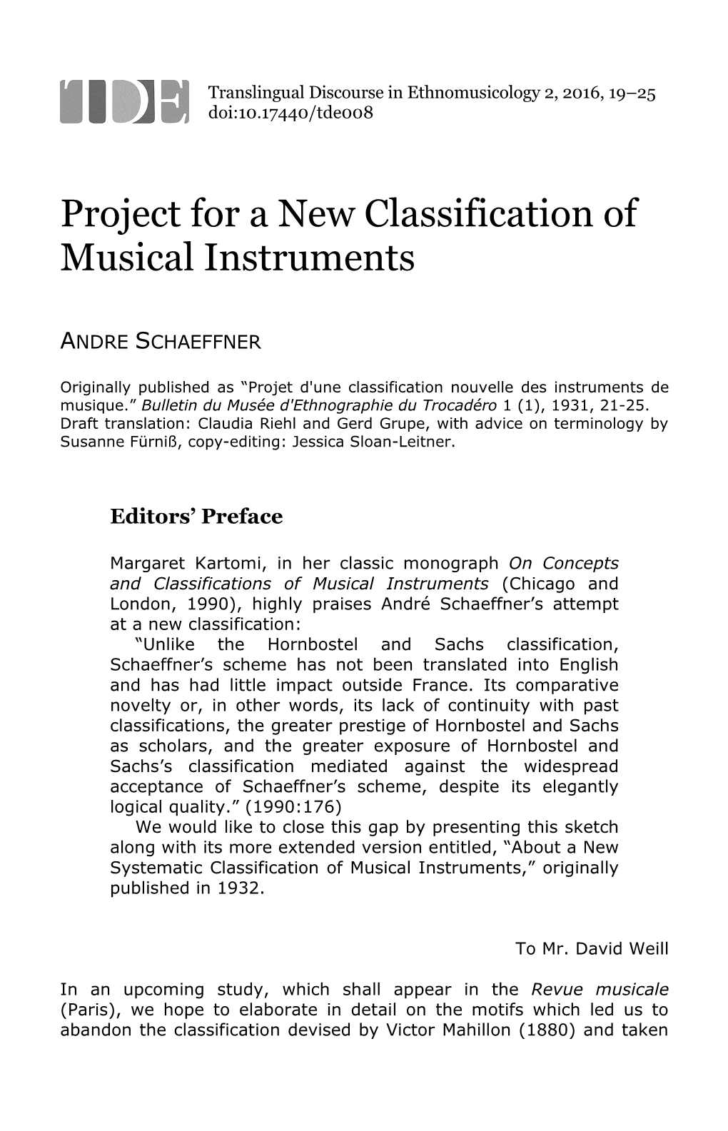 Project for a New Classification of Musical Instruments