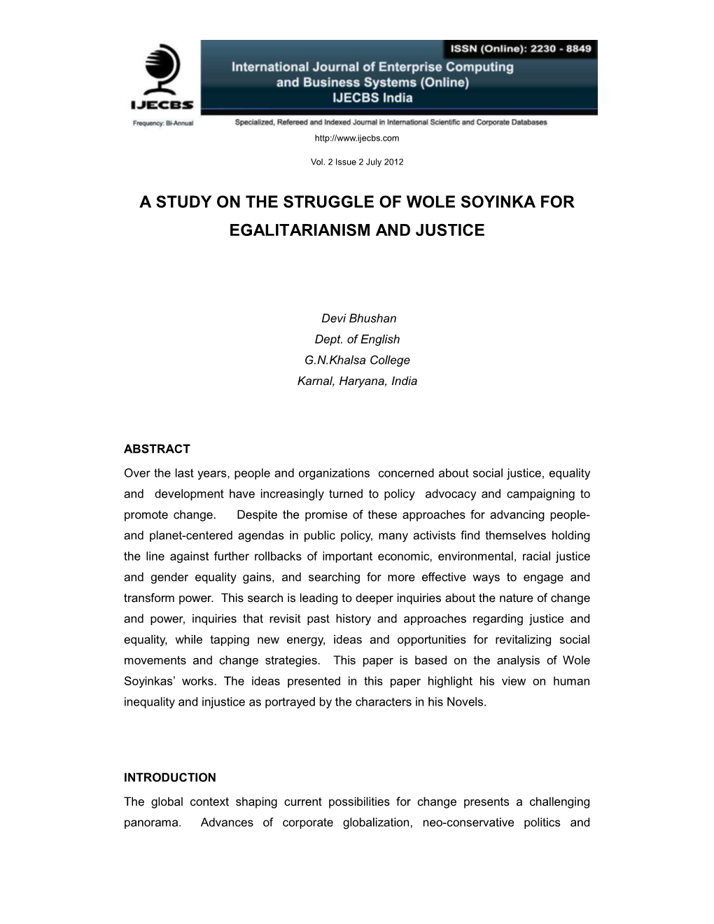 Title : a Study on the Struggle of Wole Soyinka for Egalitarianism and Justice