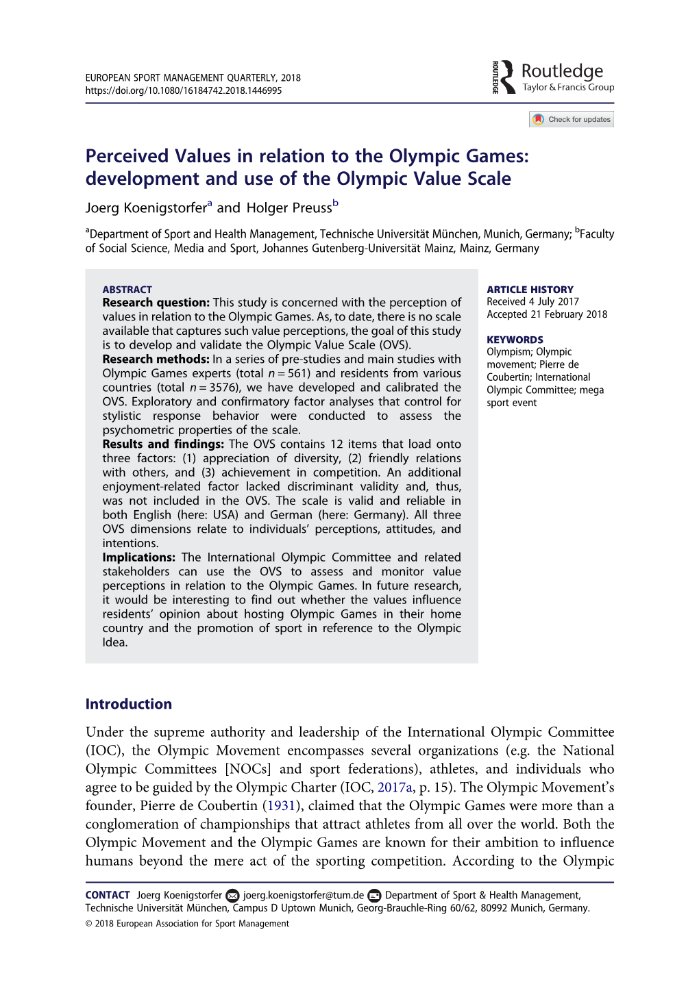 Perceived Values in Relation to the Olympic Games: Development and Use of the Olympic Value Scale