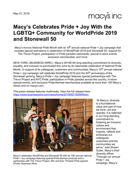 Macy's Celebrates Pride + Joy with the LGBTQ+