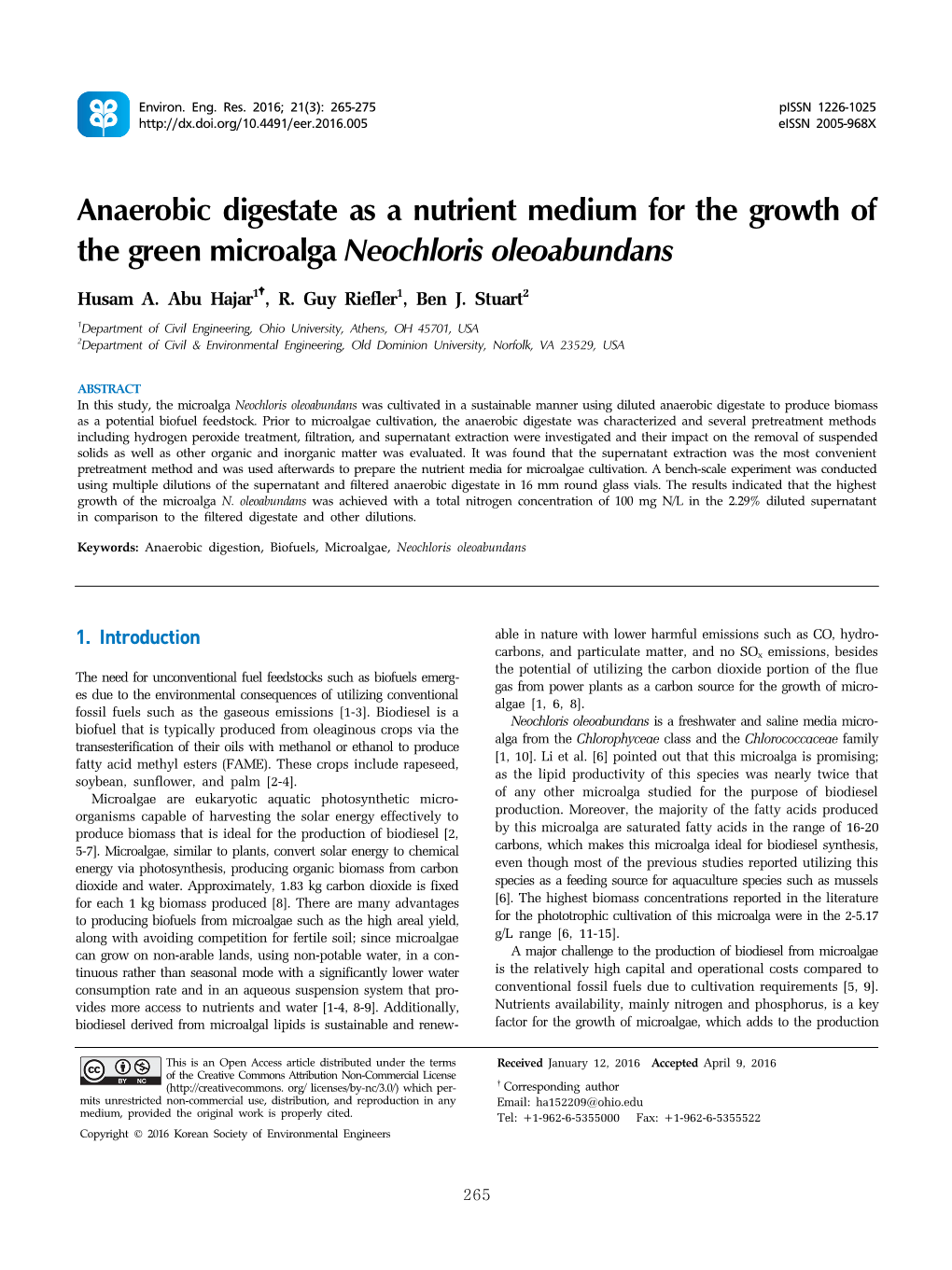 Anaerobic Digestate As a Nutrient Medium for the Growth of the Green Microalga Neochloris Oleoabundans