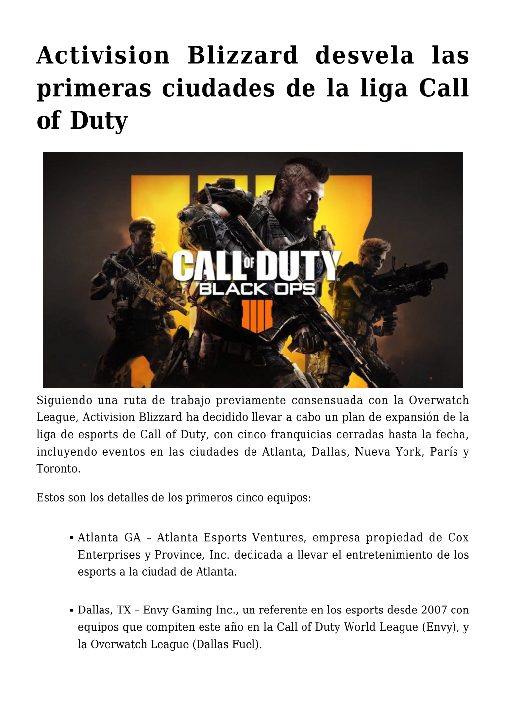 Activision Blizzard Desvela Las Primeras Ciudades De La Liga Call of Duty