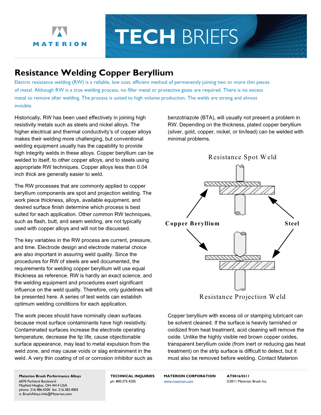 Resistance Welding Copper Beryllium Electric Resistance Welding (RW) Is a Reliable, Low Cost, Efficient Method of Permanently Joining Two Or More Thin Pieces of Metal