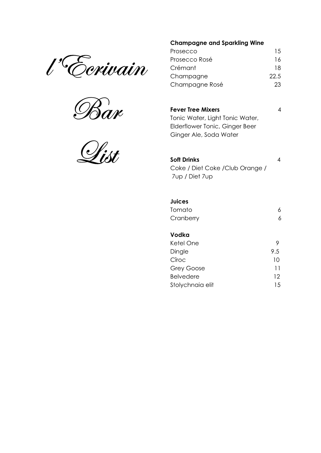 L'ecrivain Bar List