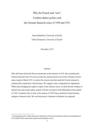 “Non”: Creditor-Debtor Politics and the German Financial Crises of 1930 and 1931
