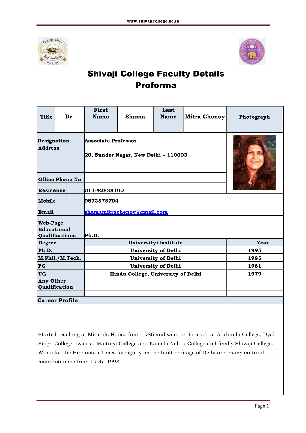 Shivaji College Faculty Details Proforma