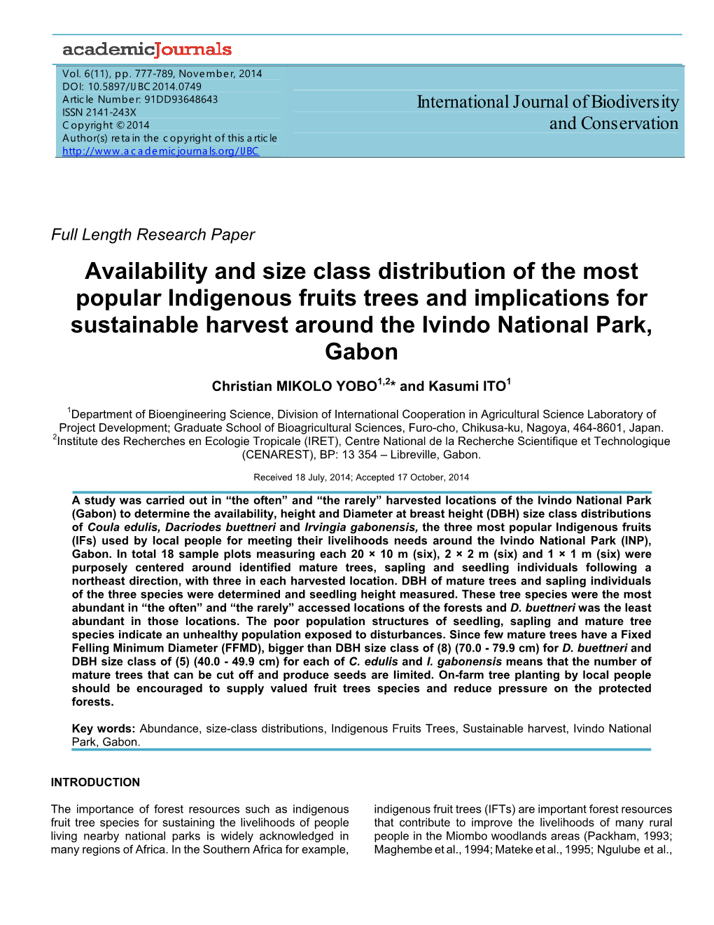 Availability and Size Class Distribution of the Most Popular Indigenous Fruits Trees and Implications for Sustainable Harvest Around the Ivindo National Park, Gabon