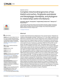 Complete Mitochondrial Genomes of Two Blattid Cockroaches