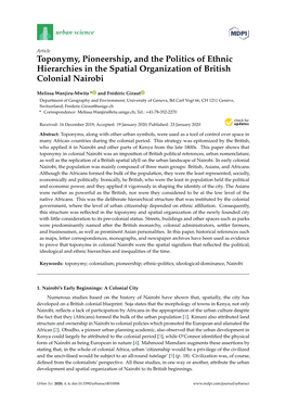 Toponymy, Pioneership, and the Politics of Ethnic Hierarchies in the Spatial Organization of British Colonial Nairobi