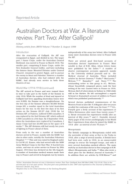 Australian Doctors at War. a Literature Review. Part Two: After Gallipoli1 S.Due2 History Article from JMVH Volume 7 Number 2, August 1998