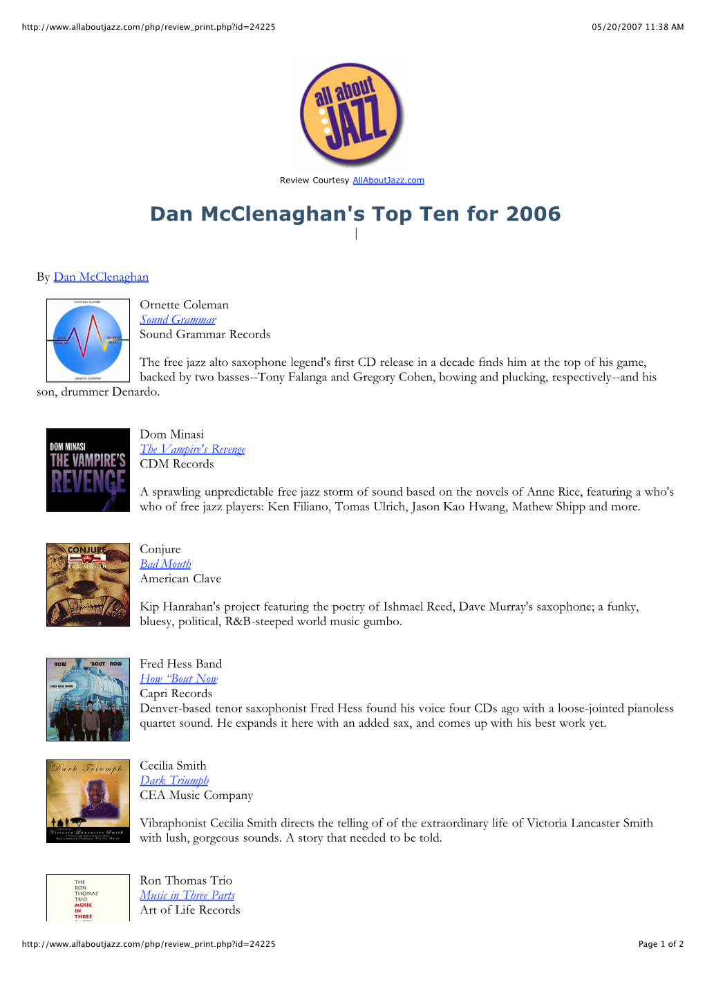 Dan Mcclenaghan's Top Ten for 2006 |