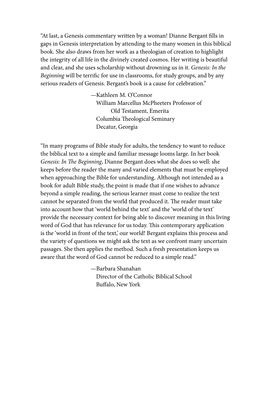 “At Last, a Genesis Commentary Written by a Woman! Dianne Bergant Fills in Gaps in Genesis Interpretation by Attending to the Many Women in This Biblical Book