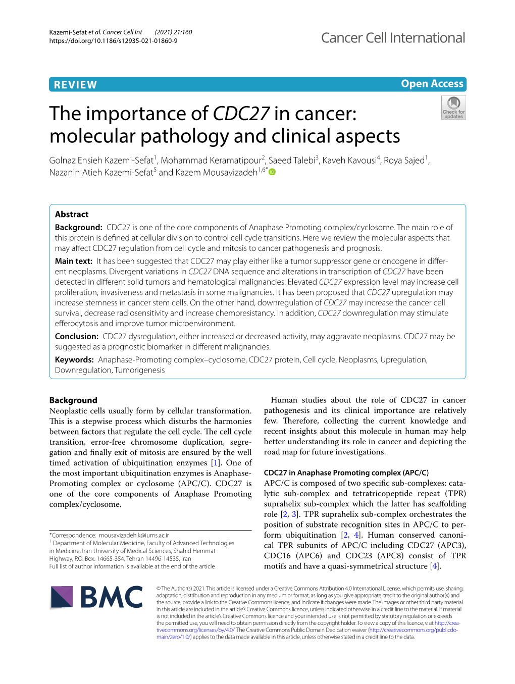 The Importance of CDC27 in Cancer: Molecular Pathology and Clinical