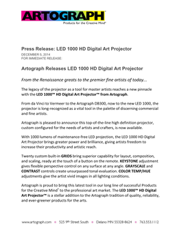 Press Release: LED 1000 HD Digital Art Projector DECEMBER 5, 2014 for IMMEDIATE RELEASE