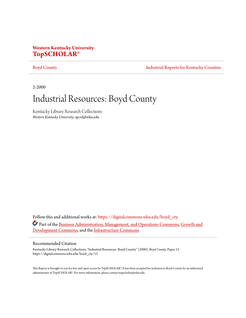 Boyd County Industrial Reports for Kentucky Counties