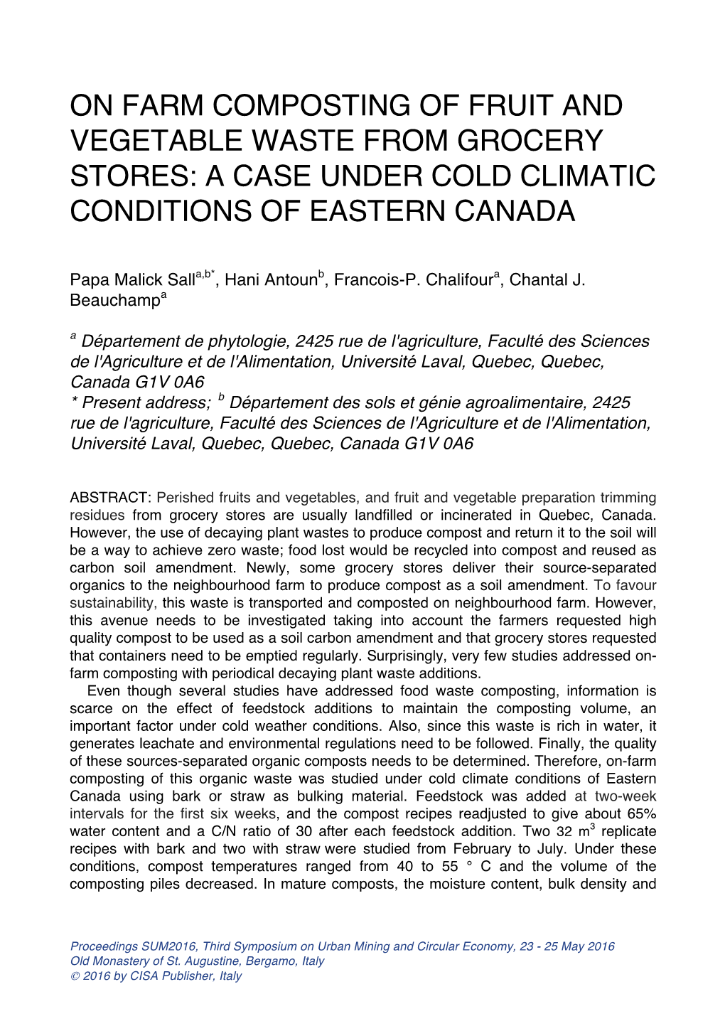 On Farm Composting of Fruit and Vegetable Waste from Grocery Stores: a Case Under Cold Climatic Conditions of Eastern Canada