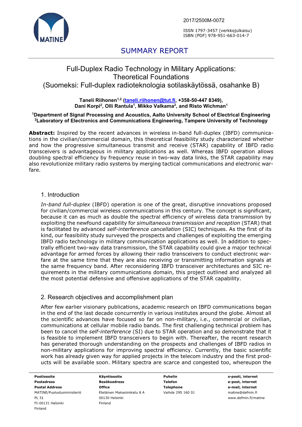 SUMMARY REPORT Full-Duplex Radio Technology in Military