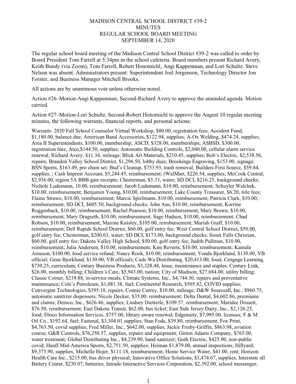 Madison Central School District #39-2 Minutes Regular School Board Meeting September 14, 2020