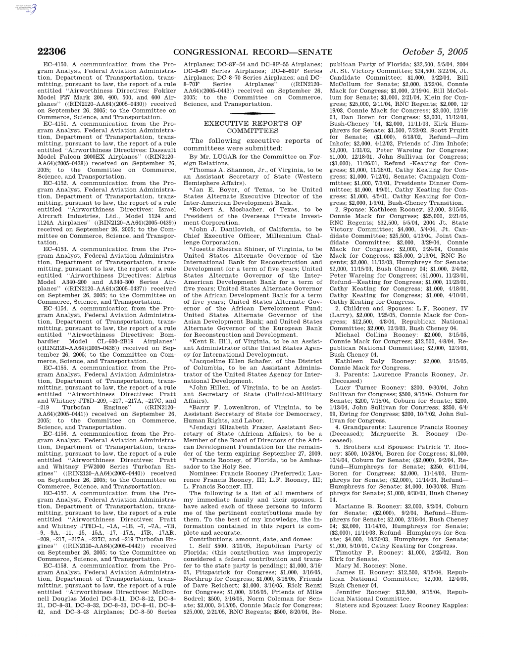 CONGRESSIONAL RECORD—SENATE October 5, 2005 EC–4150