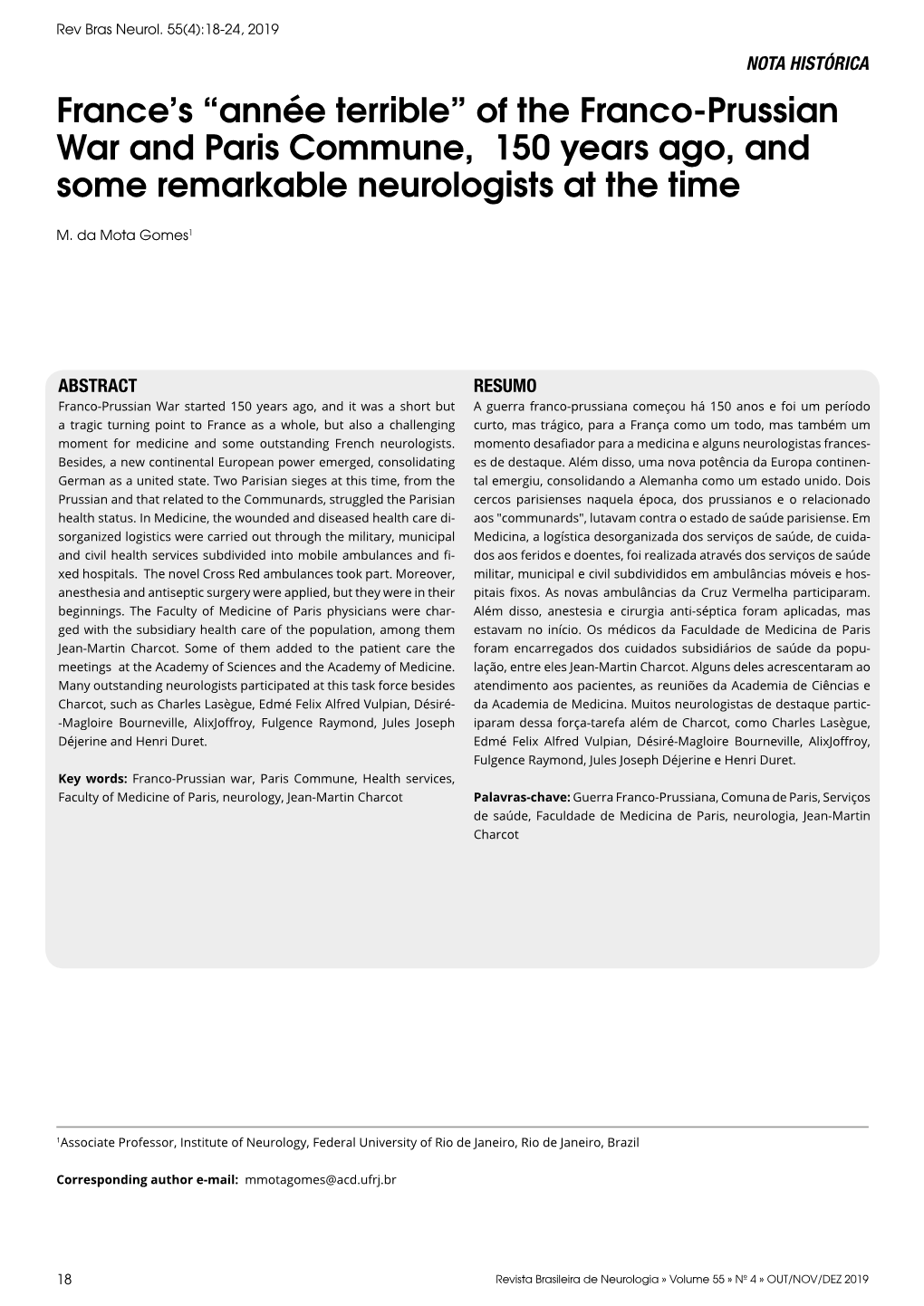 “Année Terrible” of the Franco-Prussian War and Paris Commune, 150 Years Ago, and Some Remarkable Neurologists at the Time