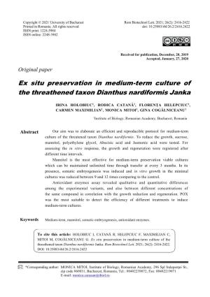 Ex Situ Preservation in Medium-Term Culture of the Threathened Taxon Dianthus Nardiformis Janka