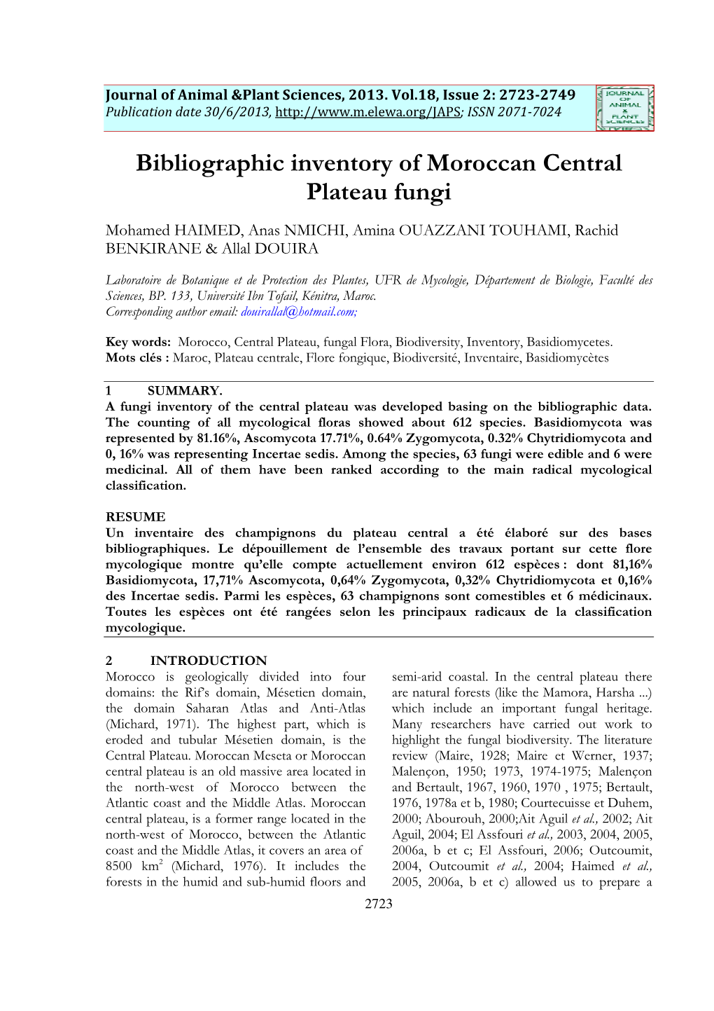 Bibliographic Inventory of Moroccan Central Plateau Fungi