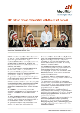 BHP Billiton Potash Cements Ties with Three First Nations