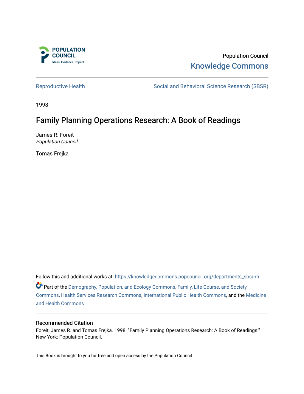 Family Planning Operations Research: a Book of Readings