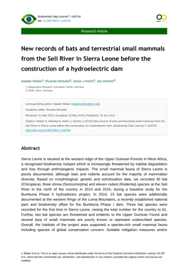 New Records of Bats and Terrestrial Small Mammals from the Seli River in Sierra Leone Before the Construction of a Hydroelectric Dam