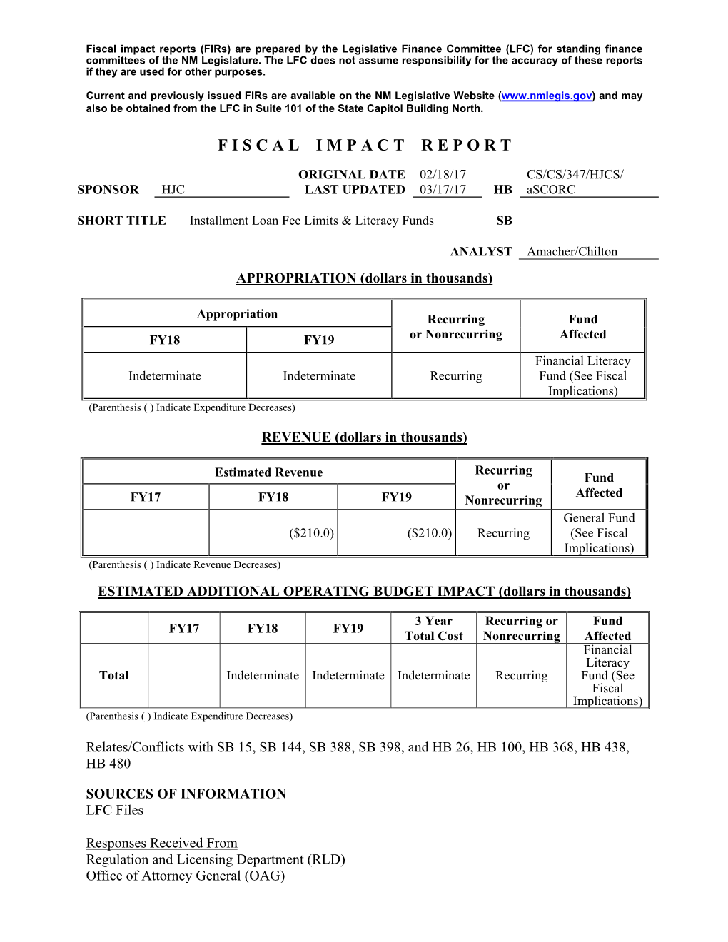 Fiscal Impact Reports (Firs) Are Prepared by the Legislative Finance Committee (LFC) for Standing Finance Committees of the NM Legislature