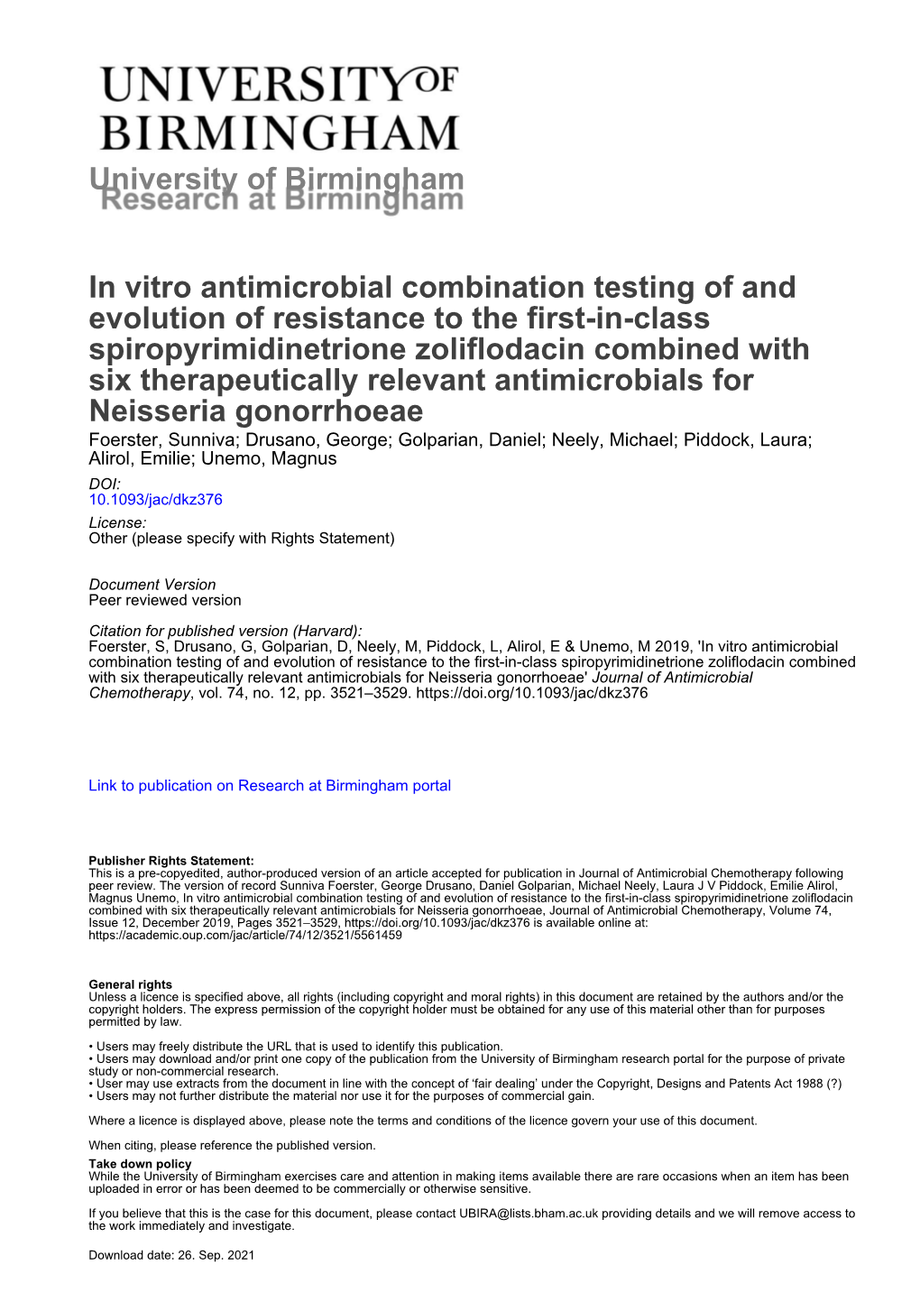 University of Birmingham in Vitro Antimicrobial Combination Testing of and Evolution of Resistance to the First-In-Class Spiropy