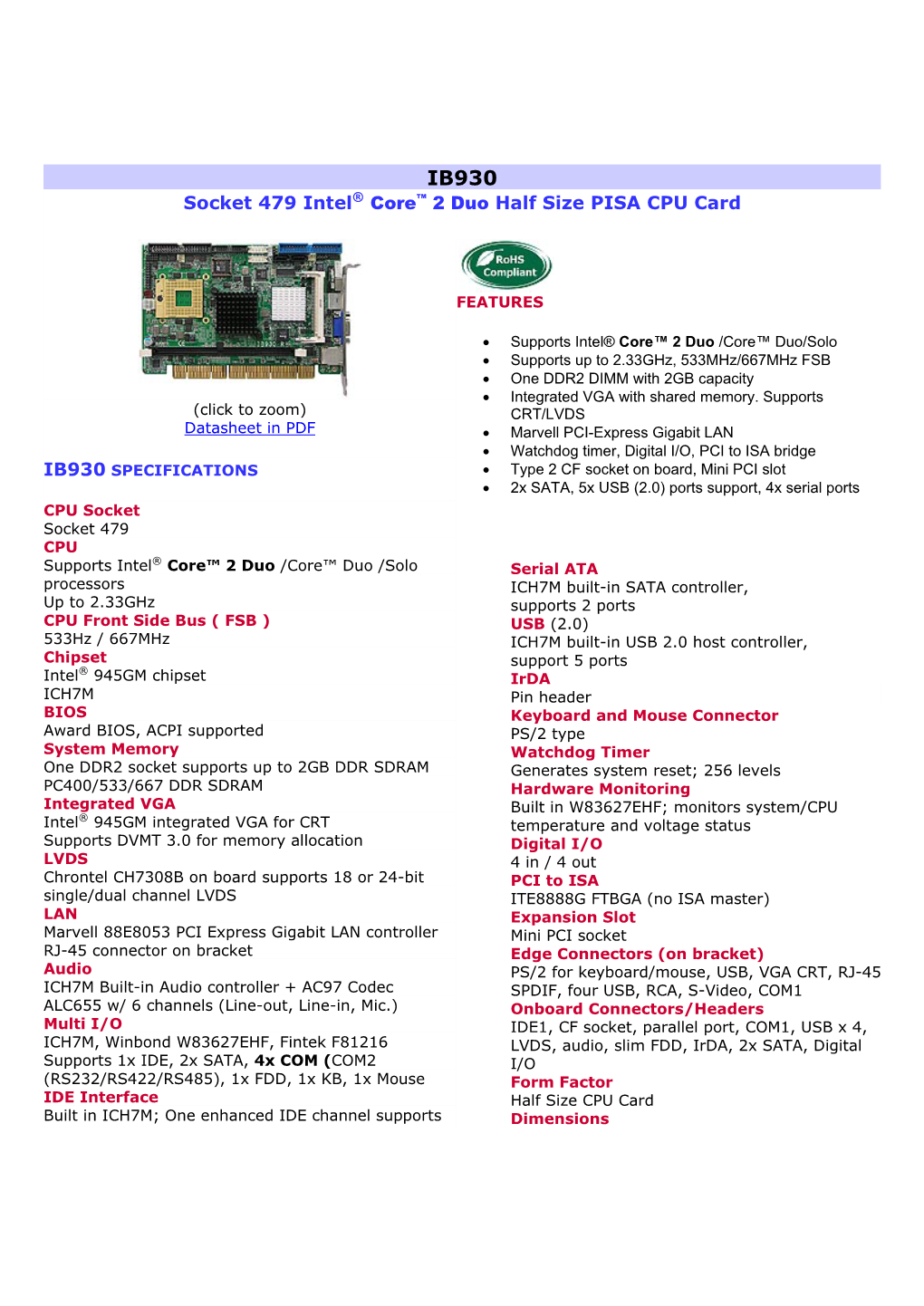 Socket 479 Intel® Core™ 2 Duo Half Size PISA CPU Card