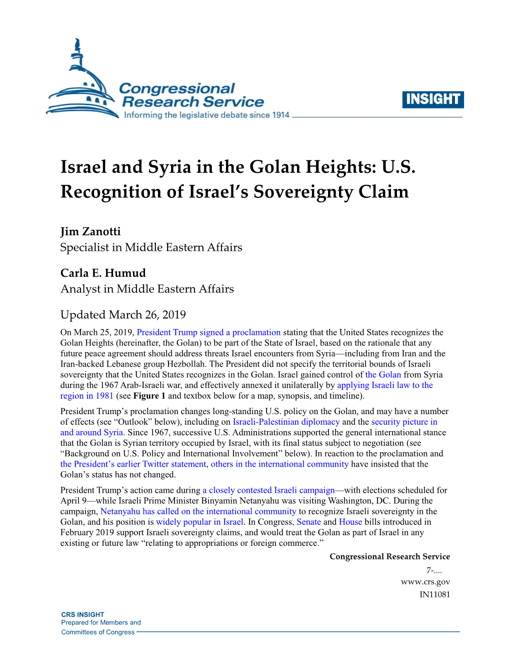 Israel and Syria in the Golan Heights: U.S