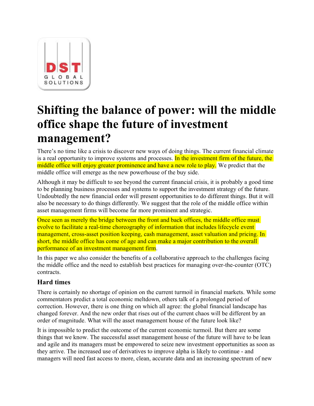 Shifting the Balance of Power: Will the Middle Office Shape the Future of Investment