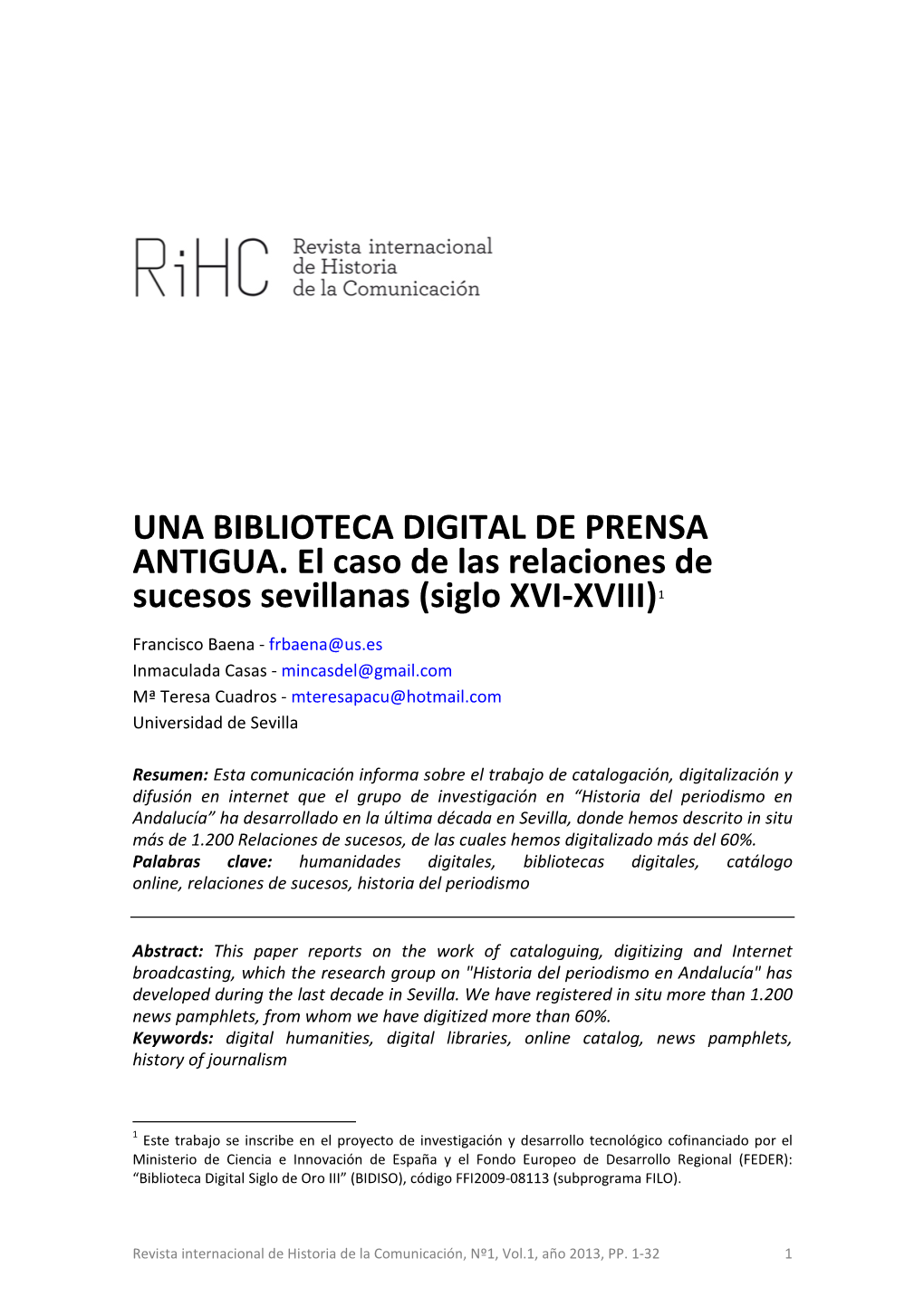 UNA BIBLIOTECA DIGITAL DE PRENSA ANTIGUA. El Caso De Las Relaciones De Sucesos Sevillanas (Siglo XVI-XVIII)1